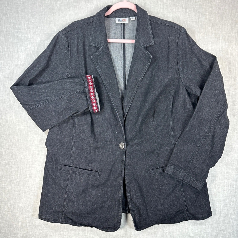 Denim & Co Blazer Womens Plus 1X Black Denim Boyfriend Stretch Embroidered Cuffs